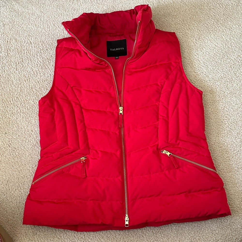 Talbots Vibrant Red Puffer Vest with Gold Accents